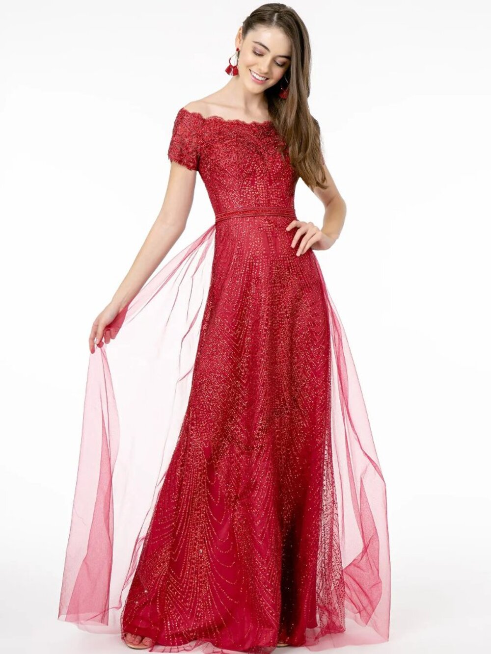 NEW BURGUNDY Mesh & Glitter Evening Gown Floor Length Embellished GL2942